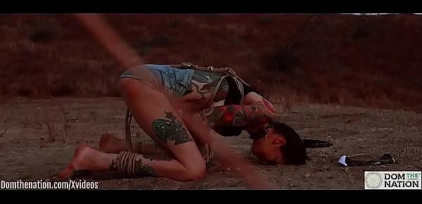  Ass eating bondage slave cries while her feet get caned outdoors in the dirt - Rocky Emerson